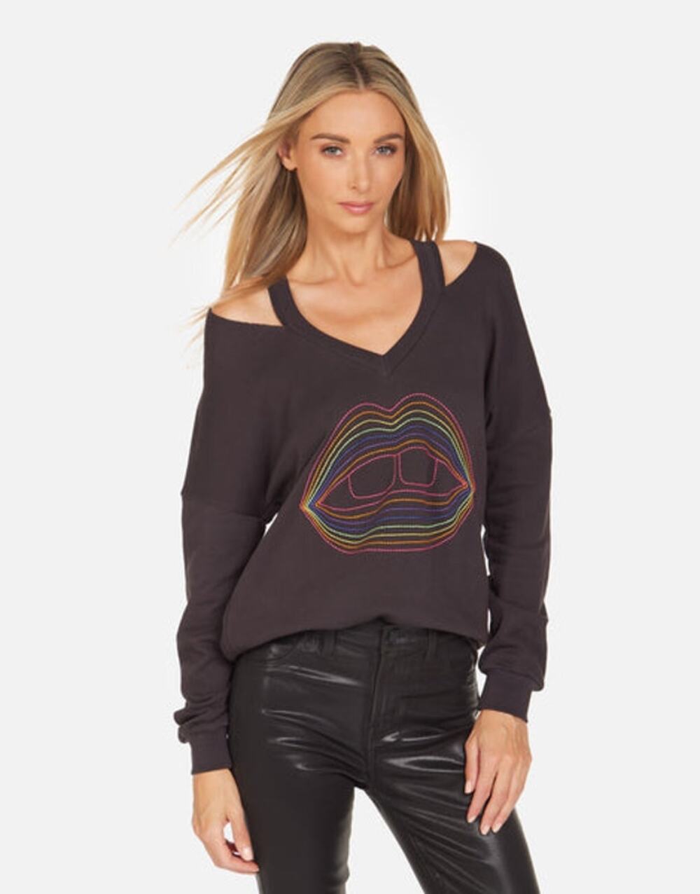 Lauren Moshi Patricia Rainbow Lip Outline Cutout Sweatshirt Small